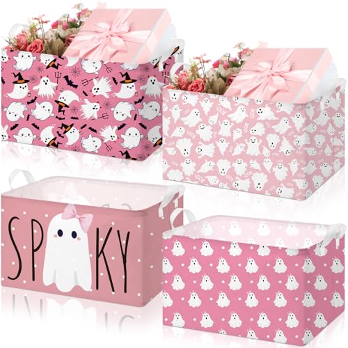 Chunful 4 Pcs Halloween Storage Baskets Pink Ghost Laundry Boo Basket Pink Hamper Foldable Storage Bins with Handle Collapsible Organizer for Home Closet Office Bedroom - Image 1