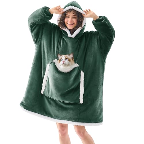 JOYWOO Green Wearable Blanket Hoodie,Oversized Cat Lovers Sweatshirt Blanket for Adult, Birthday Gifts for Women Mom Grandma,Cozy Hooded Blanket with Giant Pocket Winter Gifts,Dark Green Standard - Image 1