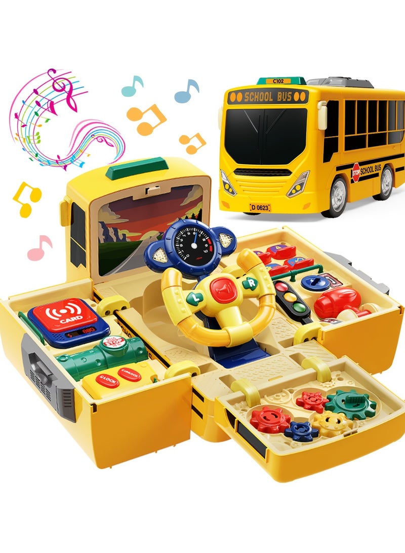 ارواق سيارات حافلة موسيقية للأولاد، لعبة دفع وسحب للأطفال الصغار، سيارات متحولة، مركبات نقل حافلة مدرسية، عجلة قيادة، لعبة قيادة حافلة تعليمية، هدية للأمهات لحفلات الأطفال - Image 1