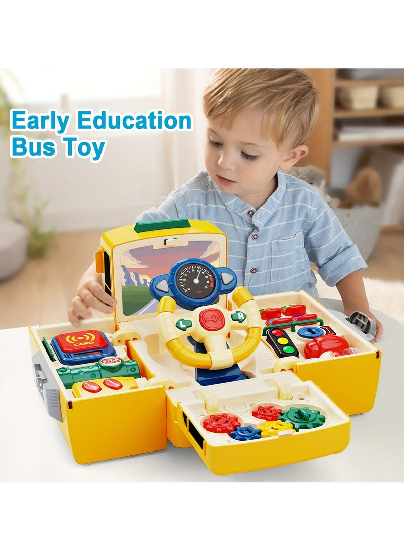 ارواق سيارات حافلة موسيقية للأولاد، لعبة دفع وسحب للأطفال الصغار، سيارات متحولة، مركبات نقل حافلة مدرسية، عجلة قيادة، لعبة قيادة حافلة تعليمية، هدية للأمهات لحفلات الأطفال - Image 2