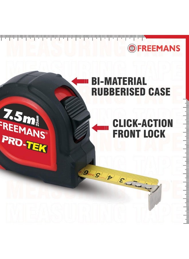 FREEMANS FREEMANS PRO-TEK 7.5m:25mm Steel Inchi Pocket Measuring Tape with Non Slip Rubber covered ABS case, Click-Action Front Lock, Pause Button, Hand Strap and Belt-Clip  - Image 2