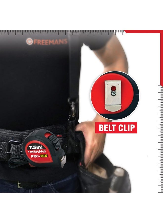 FREEMANS FREEMANS PRO-TEK 7.5m:25mm Steel Inchi Pocket Measuring Tape with Non Slip Rubber covered ABS case, Click-Action Front Lock, Pause Button, Hand Strap and Belt-Clip  - Image 4