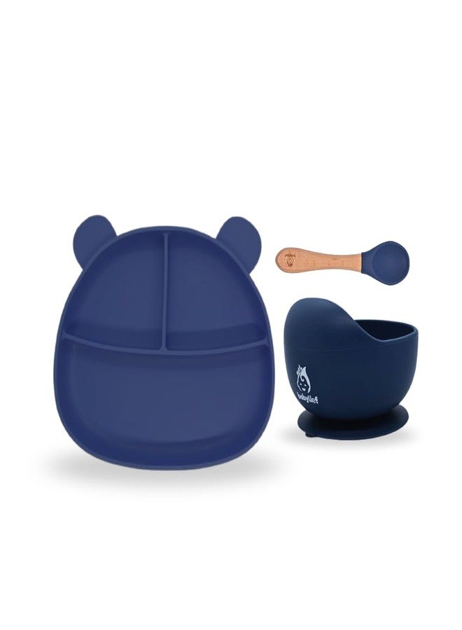 Babylief Bear Shaped Silicone Plate with Suction Base, Wooden Handle Spoon, 20 cm, Available in 5 Colours (Navy) - Image 1