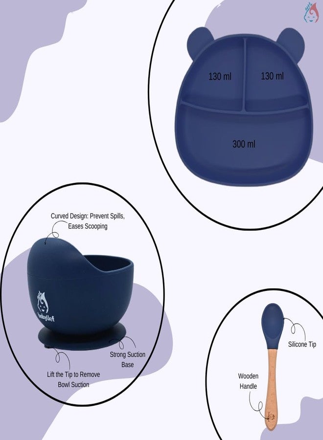 Babylief Bear Shaped Silicone Plate with Suction Base, Wooden Handle Spoon, 20 cm, Available in 5 Colours (Navy) - Image 2
