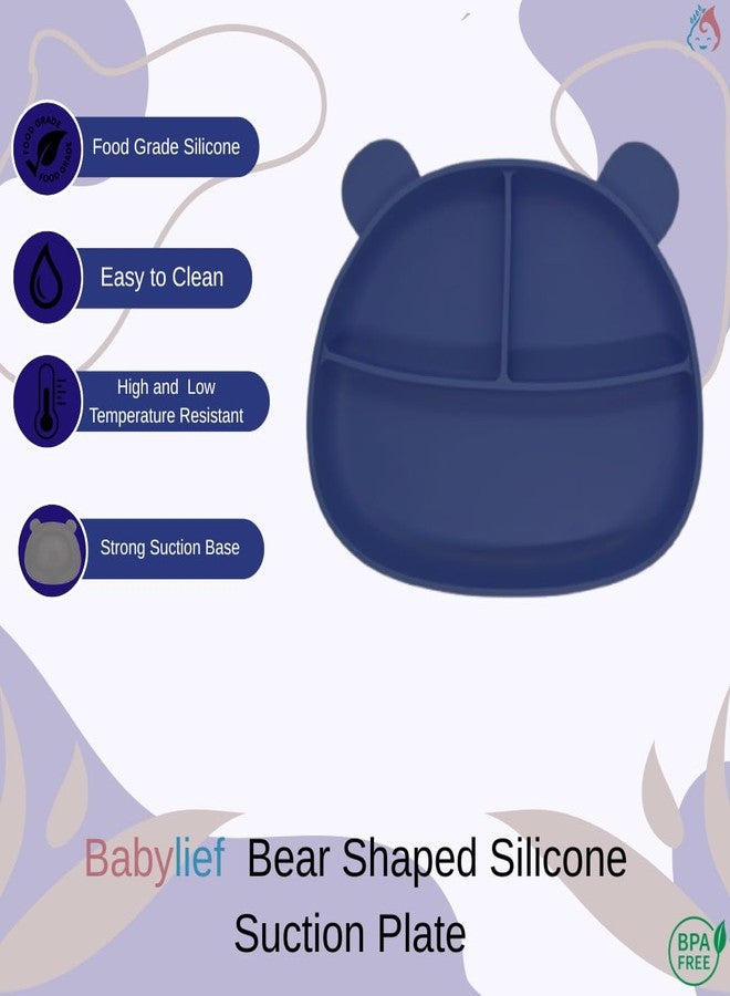 Babylief Bear Shaped Silicone Plate with Suction Base, Wooden Handle Spoon, 20 cm, Available in 5 Colours (Navy) - Image 3