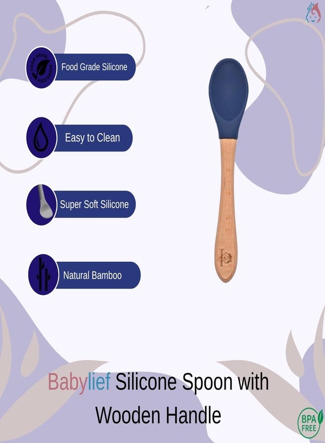 Babylief Bear Shaped Silicone Plate with Suction Base, Wooden Handle Spoon, 20 cm, Available in 5 Colours (Navy) - Image 5