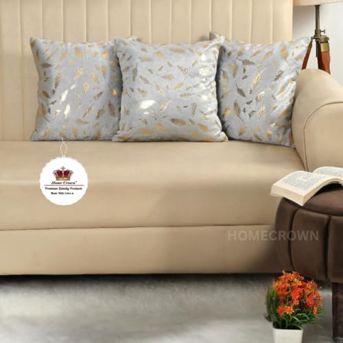HOMECROWN Velvet Cushion Covers 16x16 Inch – Set of 3 Pcs, Golden Feather Print, Soft Faux Fur Decorative Throw Pillow Covers for Sofa, Couch, Bed, Living Room (Grey) - Image 1