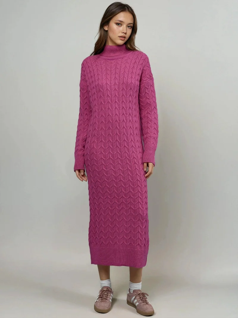 My Fashion Magenta Pink MY FASHION Long Sleeve Turtleneck Hair Braid Knit Dress for Women | Best Price UAE