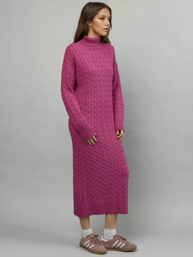 My Fashion Magenta Pink MY FASHION Long Sleeve Turtleneck Hair Braid Knit Dress for Women | Best Price UAE