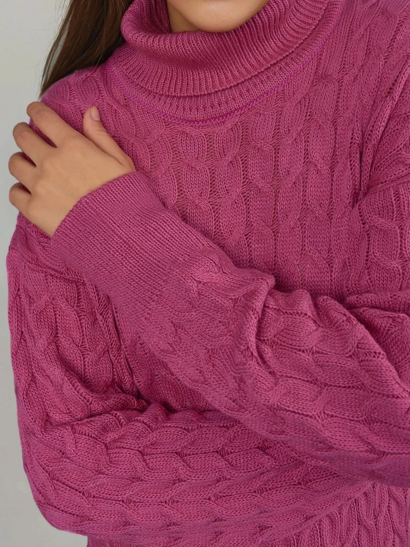 My Fashion Magenta Pink MY FASHION Long Sleeve Turtleneck Hair Braid Knit Dress for Women | Best Price UAE