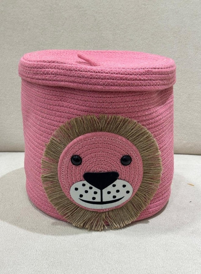 Subtlespreads Woven Cotton Rope Jute Laundry Basket Storage Organizer With Lid for Home, Kitchen, Baby, Laundry Hamper, Toys, Clothes - Children Cartoon Organiser (Pink Lion, 10x10 inches) - Image 1