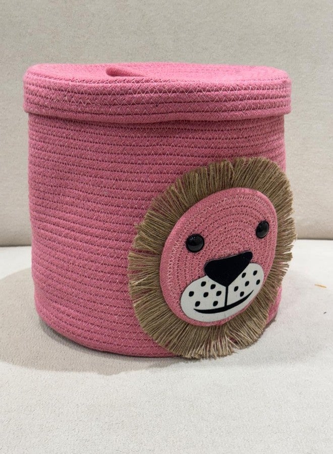 Subtlespreads Woven Cotton Rope Jute Laundry Basket Storage Organizer With Lid for Home, Kitchen, Baby, Laundry Hamper, Toys, Clothes - Children Cartoon Organiser (Pink Lion, 10x10 inches) - Image 2