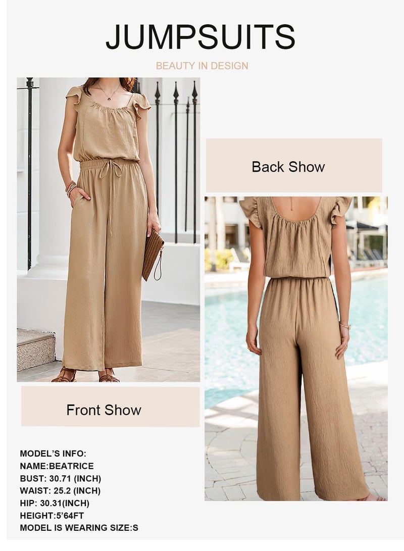 Dokotoo Women's Jumpsuit 2026 Summer One Piece Square Neck Flowy Office Overalls Drawstring Adjustable Waisted Petite Wide Leg Cruise Outfits Plus Size with Pockets,Apricot Medium - Image 3