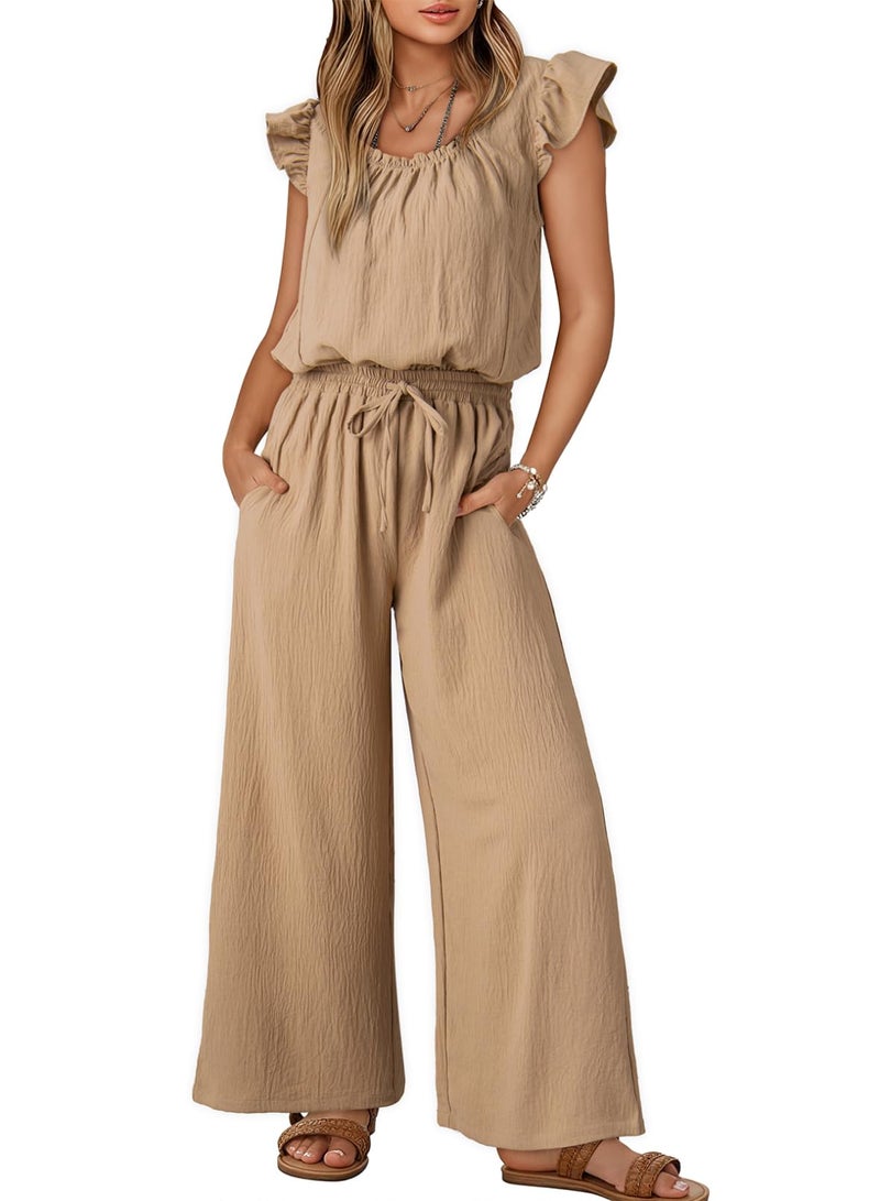 Dokotoo Women's Jumpsuit 2026 Summer One Piece Square Neck Flowy Office Overalls Drawstring Adjustable Waisted Petite Wide Leg Cruise Outfits Plus Size with Pockets,Apricot Medium - Image 1