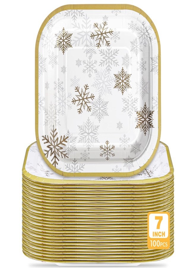 Potchen 100 Pcs Christmas Snowflake Dessert Plates Bulk 7 x 7 Inch Winter Gold Snowflake Paper Plates Disposable Square for Holiday Party Decorations Supplies - Image 1