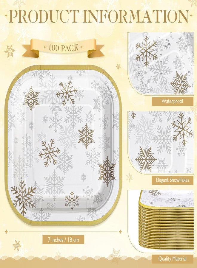 Potchen 100 Pcs Christmas Snowflake Dessert Plates Bulk 7 x 7 Inch Winter Gold Snowflake Paper Plates Disposable Square for Holiday Party Decorations Supplies - Image 3