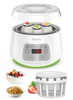 Kawu Yogurt Maker, Compact Greek Yogurt Maker Machine with Timer Control, Strainer, 1L Container, 3 Glass Serving Cups, Constant Temperature, for Home Organic Yogurt, Greek Yogurt, Cheese, Natto  - Image 1