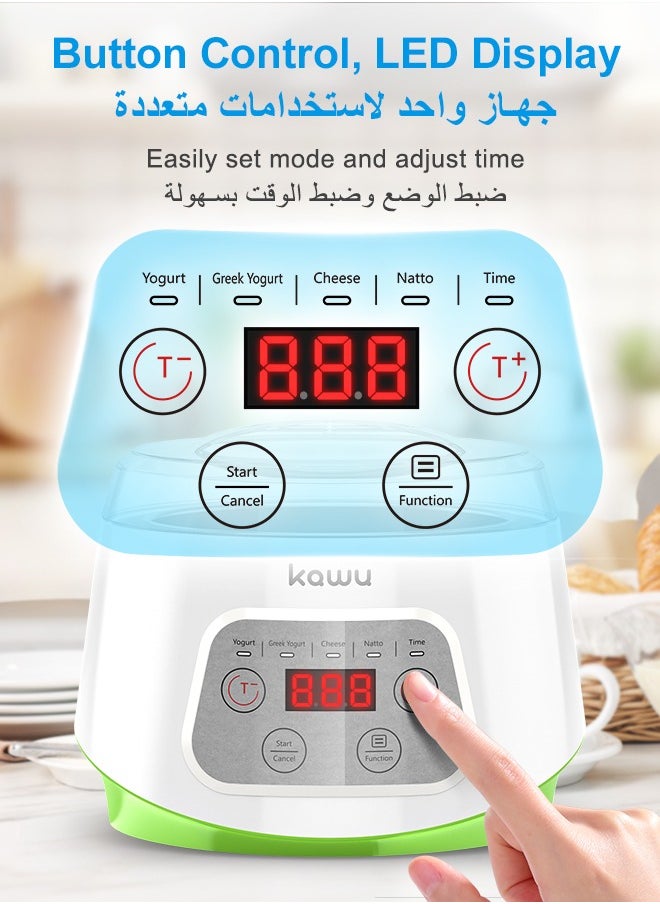 Kawu - Yogurt Maker, Compact Greek Yogurt Maker Machine with Timer Control, Strainer, 1L Container, 3 Glass Serving Cups, Constant Temperature, for Home Organic Yogurt, Greek Yogurt, Cheese, Natto - Image 1