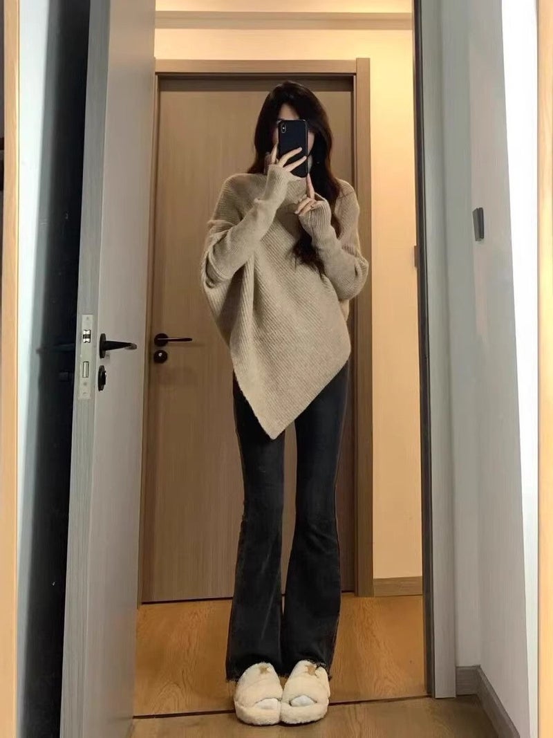 OUTZIDR Taupe Full Sleeve Turtle Neck Asymmetrical Hem Sweater - Image 1