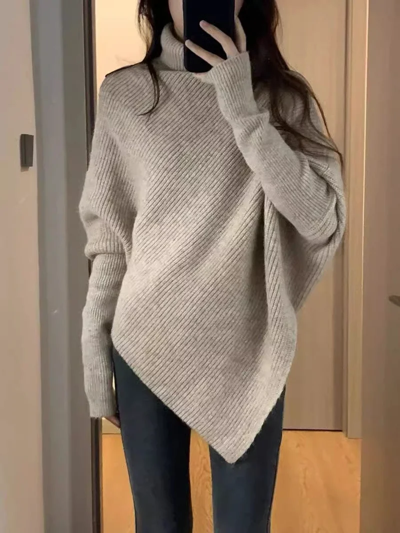 Outzidr  Taupe Full Sleeve Turtle Neck Asymmetrical Hem Sweater  | Best Price UAE