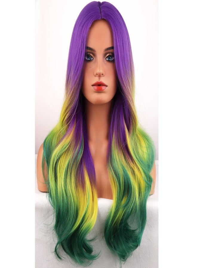BERON Mardi Gras Colored Wigs Ombre Purple Yellow Green Long Wavy Wig for Women Girls Heat Resistant Synthetic Hair Wigs for Cosplay Party - Image 2