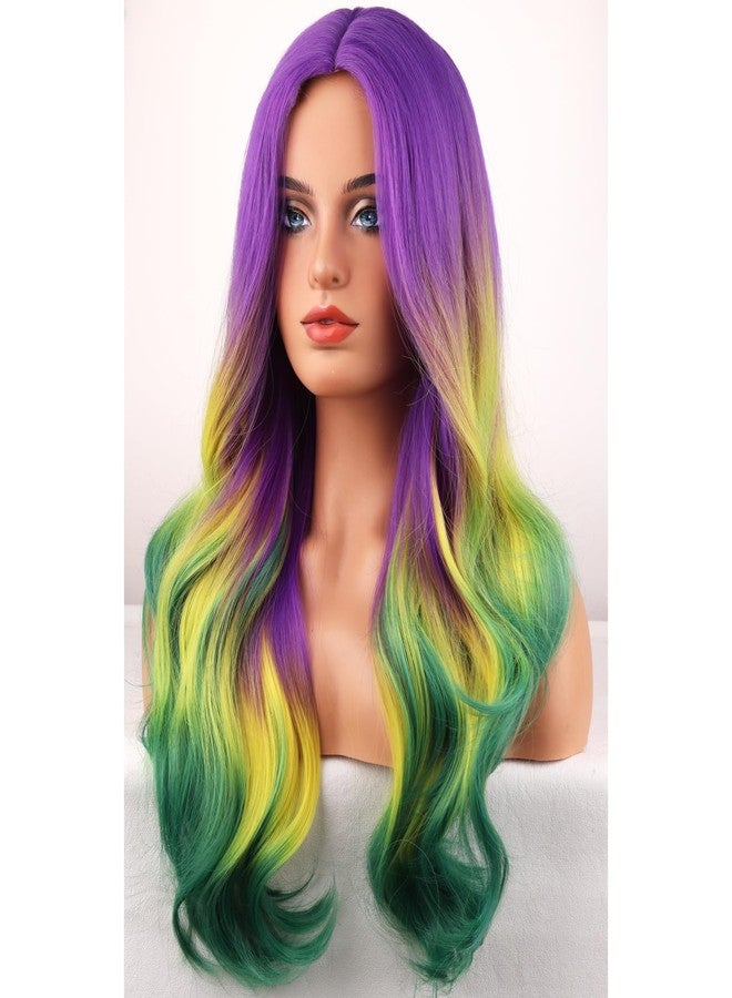 BERON Mardi Gras Colored Wigs Ombre Purple Yellow Green Long Wavy Wig for Women Girls Heat Resistant Synthetic Hair Wigs for Cosplay Party - Image 1