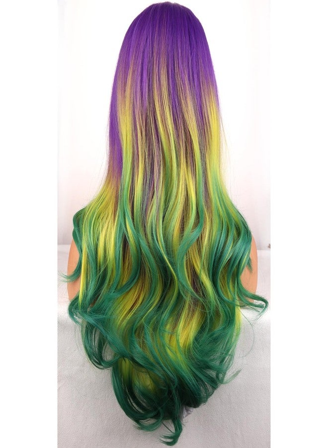 BERON Mardi Gras Colored Wigs Ombre Purple Yellow Green Long Wavy Wig for Women Girls Heat Resistant Synthetic Hair Wigs for Cosplay Party - Image 3
