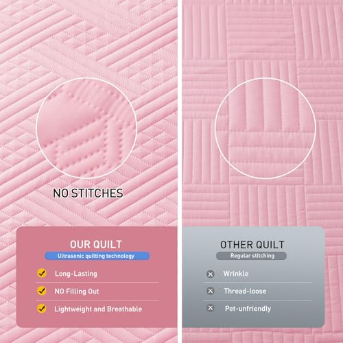 Lavsiry Pink Quilt Queen Size with Striped Pattern, Lightweight Soft Summer Thin Microfiber Bedspread & Coverlet Bedding Set for All Seasons - 3 Piece(1 Quilt, 2 Pillow Shams) - Image 4