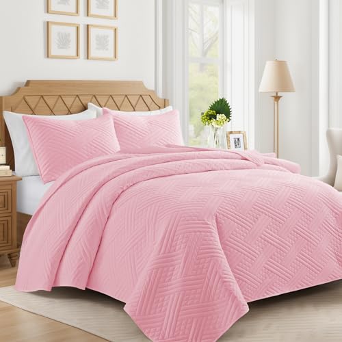 Lavsiry Pink Quilt Queen Size with Striped Pattern, Lightweight Soft Summer Thin Microfiber Bedspread & Coverlet Bedding Set for All Seasons - 3 Piece(1 Quilt, 2 Pillow Shams) - Image 1