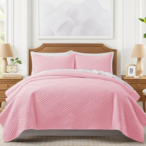 Lavsiry Pink Quilt Queen Size with Striped Pattern, Lightweight Soft Summer Thin Microfiber Bedspread & Coverlet Bedding Set for All Seasons - 3 Piece(1 Quilt, 2 Pillow Shams) - Image 2
