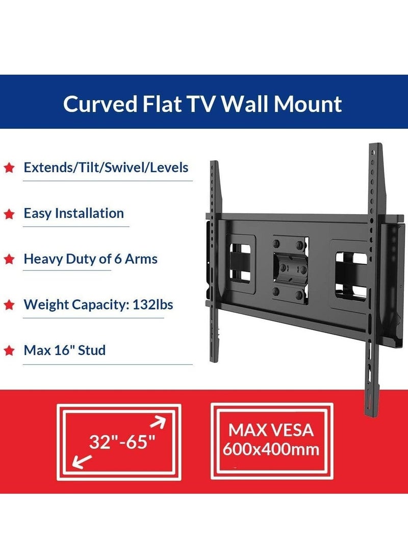 BGM Full Motion Curved Flat TV Wall Mount Bracket - Fits 32-65 Inch TVs up to 132 lbs - VESA 600x400mm - Articulating Dual Arms with Swivel - Image 2