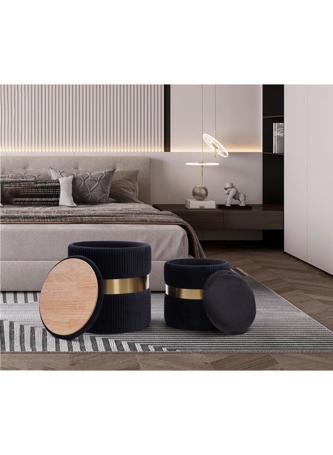 JUUON Round Velvet Storage Ottoman with Removable Lid Set of 2, Upholstered Footrest Stool with Gold Metal Hoop, Side Table Seat for Living Room, Makeup Vanity Stool for Bedroom (Pleated-Black) - Image 3