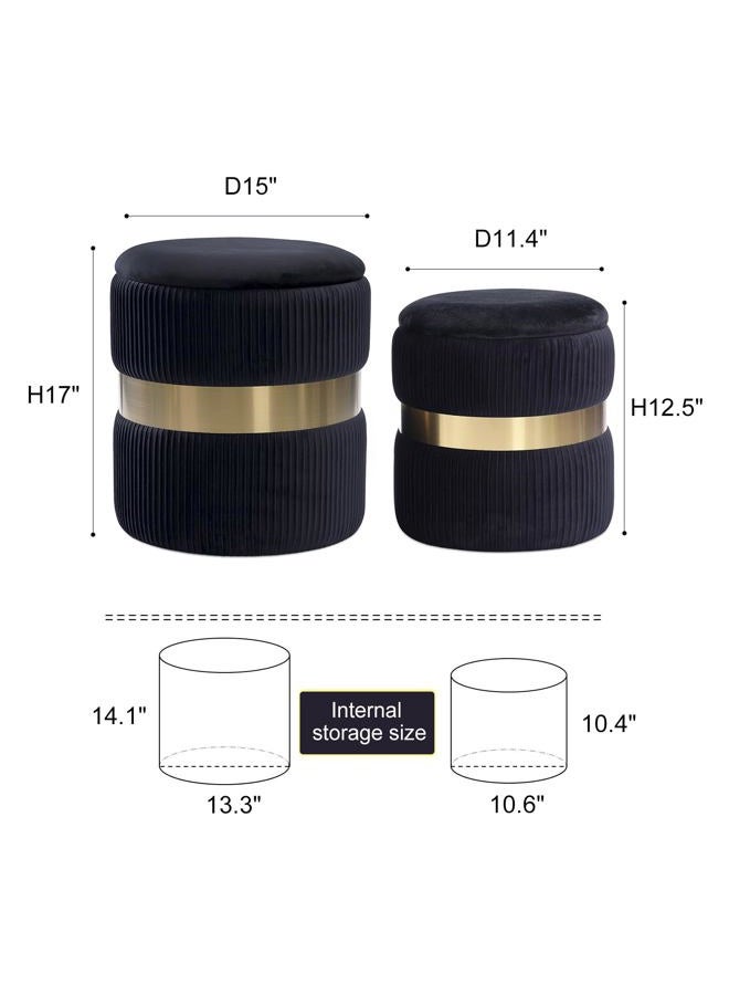 JUUON Round Velvet Storage Ottoman with Removable Lid Set of 2, Upholstered Footrest Stool with Gold Metal Hoop, Side Table Seat for Living Room, Makeup Vanity Stool for Bedroom (Pleated-Black) - Image 2