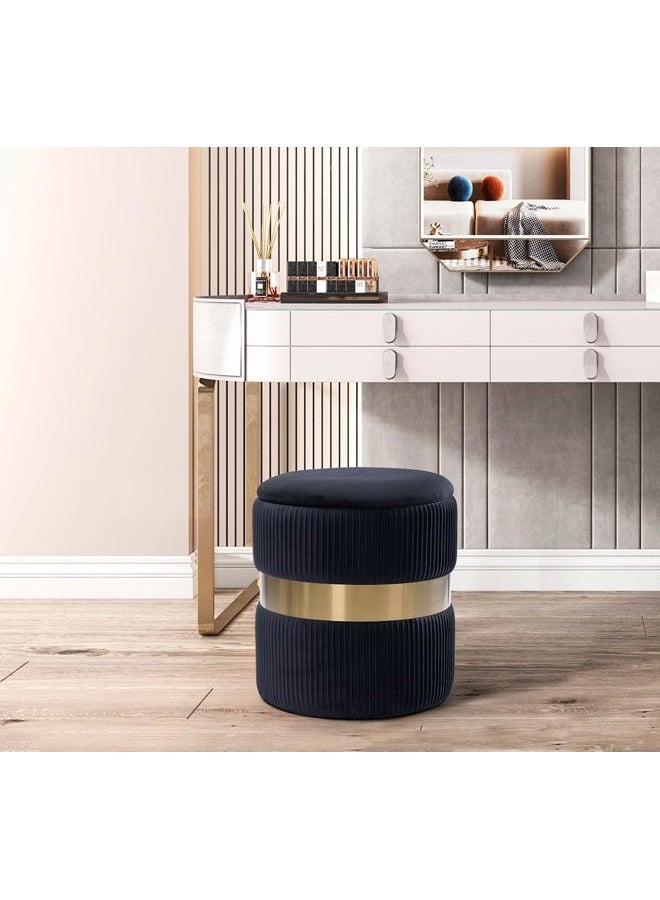 JUUON Round Velvet Storage Ottoman with Removable Lid Set of 2, Upholstered Footrest Stool with Gold Metal Hoop, Side Table Seat for Living Room, Makeup Vanity Stool for Bedroom (Pleated-Black) - Image 5