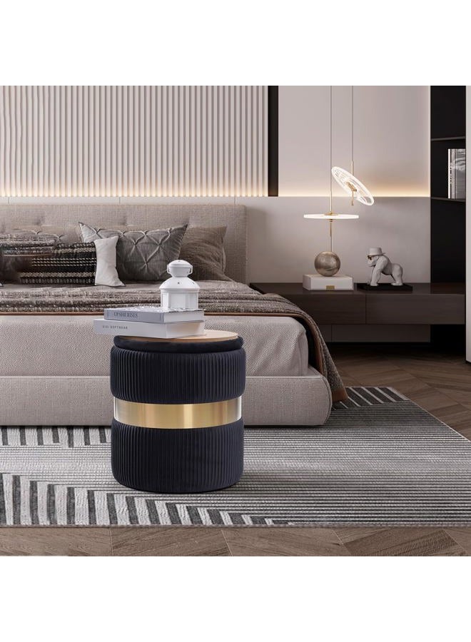 JUUON Round Velvet Storage Ottoman with Removable Lid Set of 2, Upholstered Footrest Stool with Gold Metal Hoop, Side Table Seat for Living Room, Makeup Vanity Stool for Bedroom (Pleated-Black) - Image 4