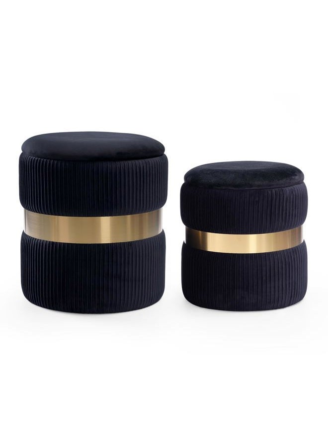 JUUON Round Velvet Storage Ottoman with Removable Lid Set of 2, Upholstered Footrest Stool with Gold Metal Hoop, Side Table Seat for Living Room, Makeup Vanity Stool for Bedroom (Pleated-Black) - Image 1