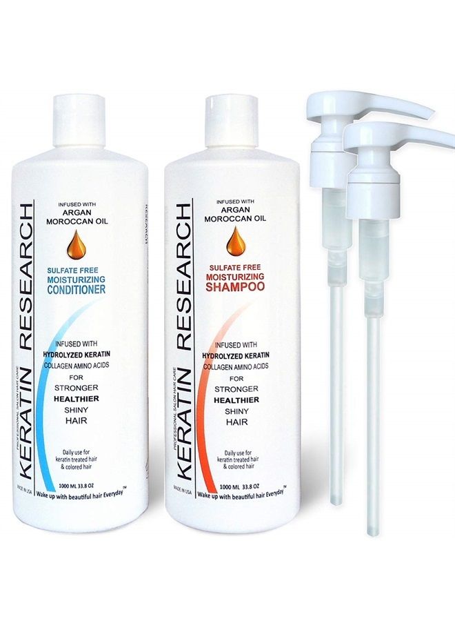 KERATIN RESEARCH Sulfate Free Shampoo & Conditioner 2 x 1 LITER Bottles Set infused with Moroccan Argan Oil, By Keratin Research post treatment shampoo  - Image 1