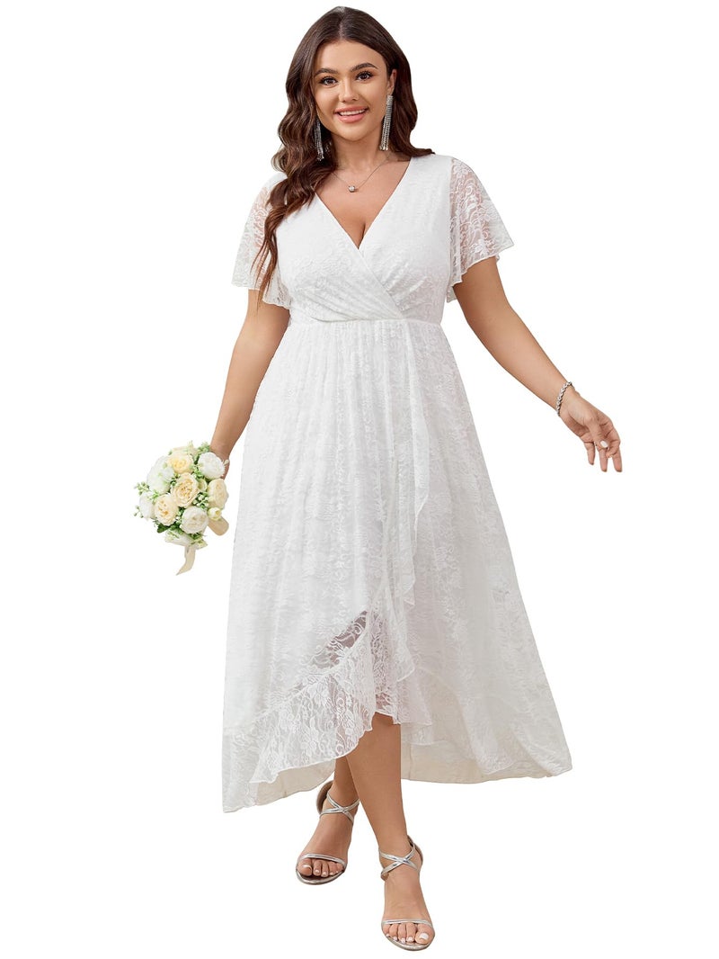 SCOMCHIC Womens Plus Size Wedding Guest Dress Formal Lace Wrap V Neck High Low Short Sleeve Cocktail Maxi Dresses XL-4XL White - Image 1