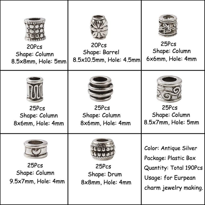 Craftdady 190Pcs Antique Silver Spacer Beads 8 Styles Tibetan Large Hole Column Tube Barrel Metal Charm Beads Hole: 4-5mm Fit European Charm Snake Chain Bracelet Jewelry Making - Image 2