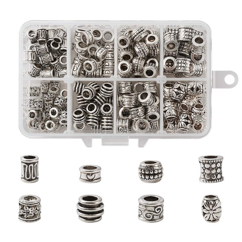 Craftdady 190Pcs Antique Silver Spacer Beads 8 Styles Tibetan Large Hole Column Tube Barrel Metal Charm Beads Hole: 4-5mm Fit European Charm Snake Chain Bracelet Jewelry Making - Image 1