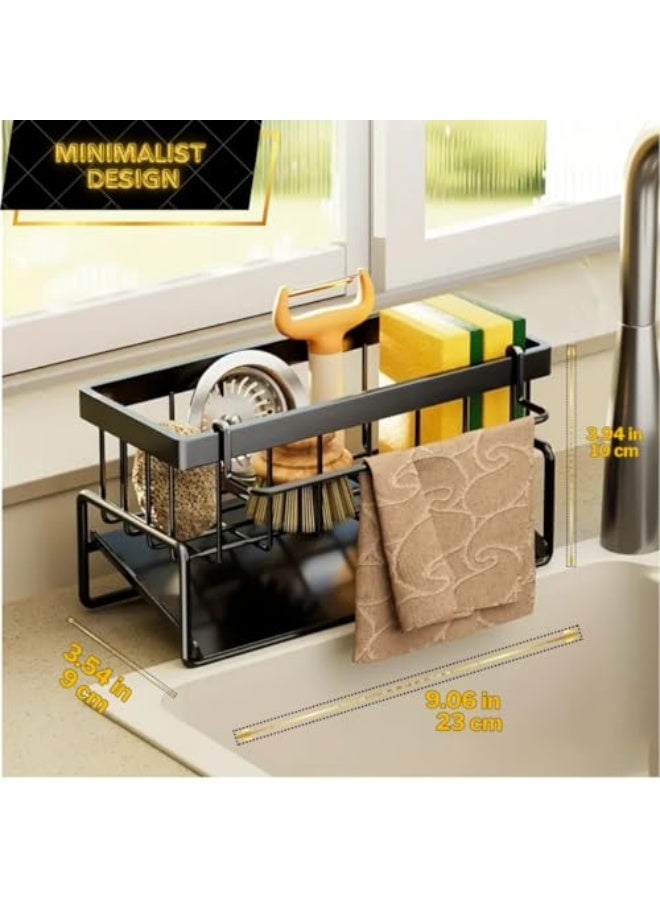 أكويلوكس حامل إسفنجة أسود لمغسلة المطبخ، حامل مغسلة مضاد للصدأ بتقنية التجفيف التلقائي ورف قماش الصحون القابل للإزالة، منظم مغسلة متعدد الاستخدامات وحامل إسفنجة للمغسلة - Image 4