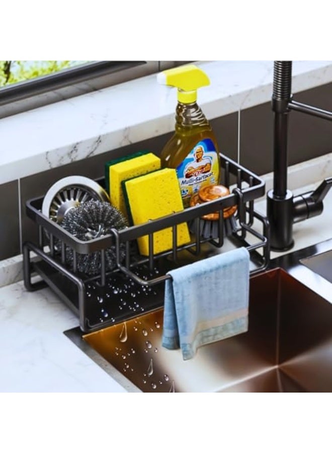 أكويلوكس حامل إسفنجة أسود لمغسلة المطبخ، حامل مغسلة مضاد للصدأ بتقنية التجفيف التلقائي ورف قماش الصحون القابل للإزالة، منظم مغسلة متعدد الاستخدامات وحامل إسفنجة للمغسلة - Image 1