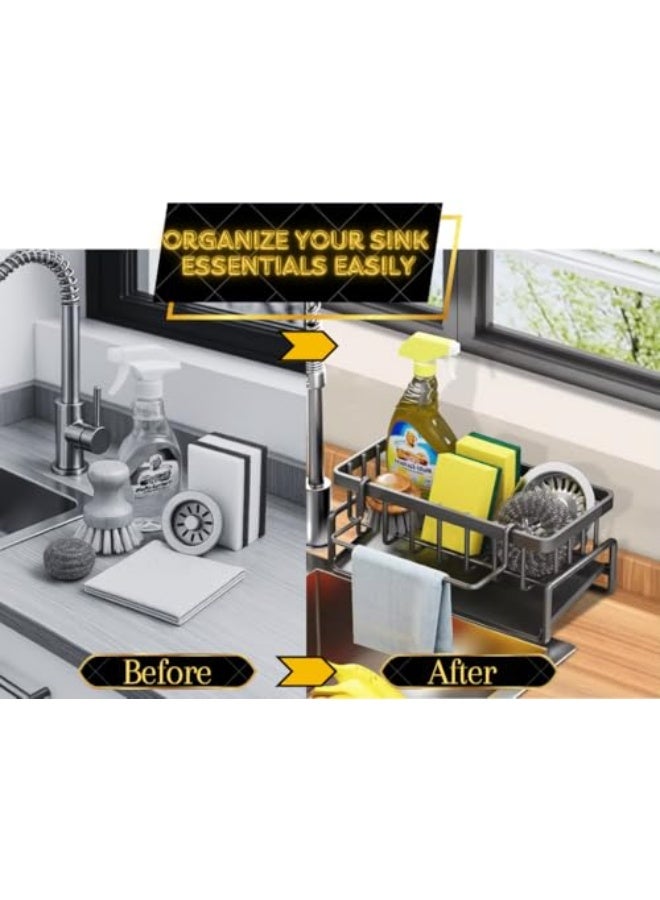 أكويلوكس حامل إسفنجة أسود لمغسلة المطبخ، حامل مغسلة مضاد للصدأ بتقنية التجفيف التلقائي ورف قماش الصحون القابل للإزالة، منظم مغسلة متعدد الاستخدامات وحامل إسفنجة للمغسلة - Image 3