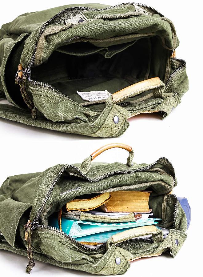 GOOTIUM Canvas Backpack for Women Vintage Style Zipper Bag Men's Casual Daypack Cloth Outdoor Travel Rucksack, Olive - Image 5