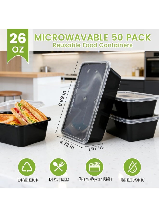 Arabest 50-Pack Meal Prep Containers, 26 OZ Microwavable Reusable Food Containers with Lids for Food Prepping, Disposable Lunch Boxes, Plastic Food Boxes- Stackable, Freezer Dishwasher Healthy - Image 2