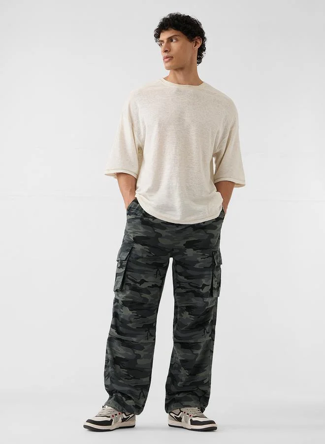 The Souled Store Men Green Camo Cargo Parachute Pants