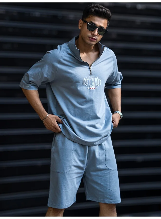 Maniac Maniac Mens Detroit Printed High Neck Half Sleeve Light Grey Cotton Tracksuit