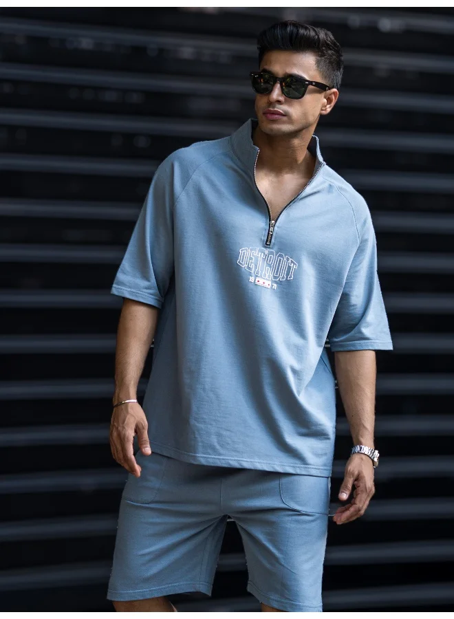 Maniac Maniac Mens Detroit Printed High Neck Half Sleeve Light Grey Cotton Tracksuit