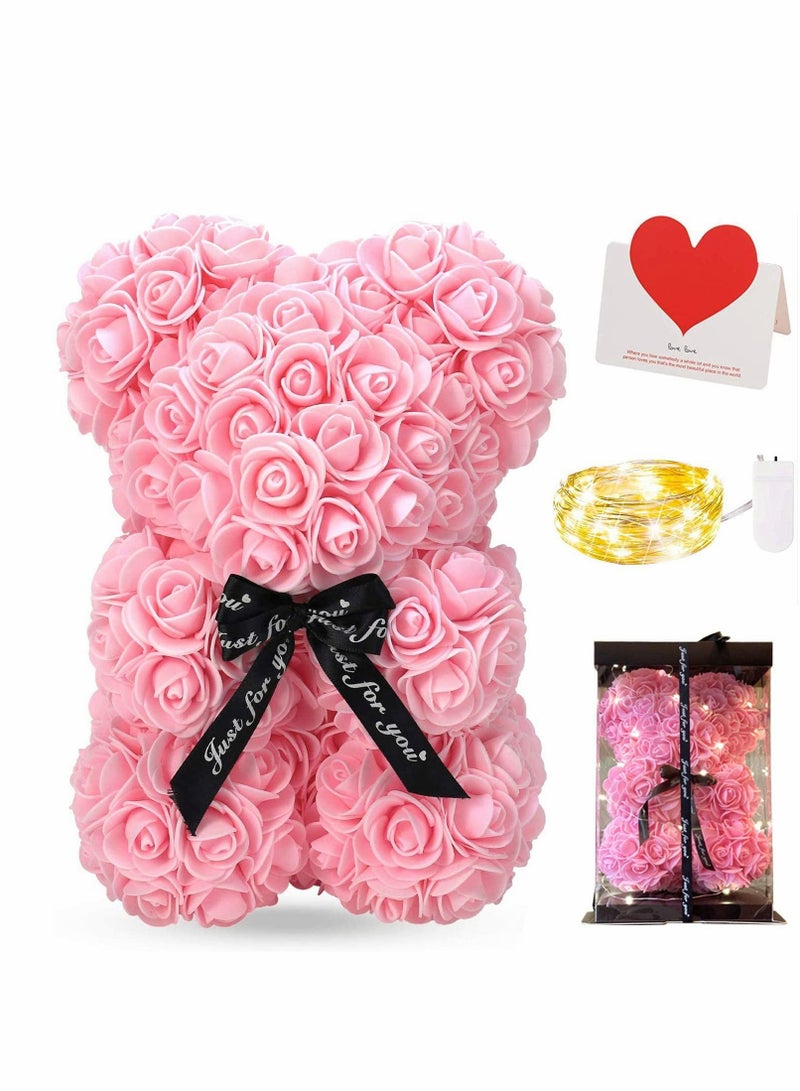 Y&D Rose Bear, Hand Made Teddy Flowers, Lights, Best Gift for Valentines Day, Anniversary, Mothers Birthdays, Including Transparent Box and Love Card (Pink)  - Image 1
