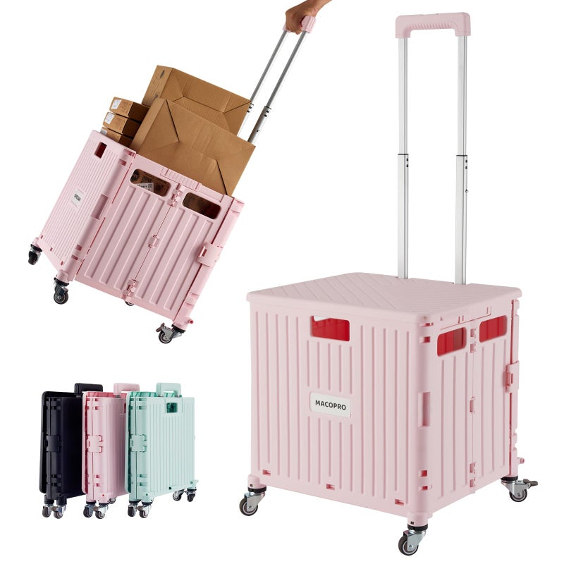 MACOPRO Folding Utility Cart Portable Rolling Crate Handcart Shopping Trolley Collapsible Tool Box with Lid Basket on 4 Rotate Wheels for Grocery Shopping Office Teacher Pink